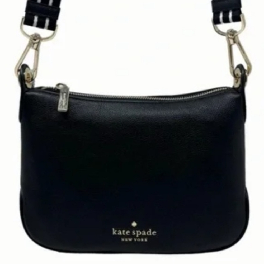 Kate Spade Black Pebble Leather With Striped Black White Crossbody Strap